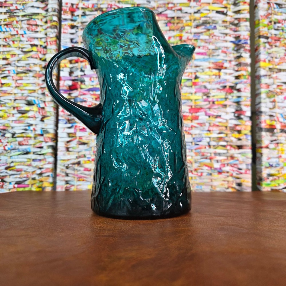 Vintage Empoli Italian Art Glass Pitcher Teal Blue Crinkle Bark Ice Lip Italy